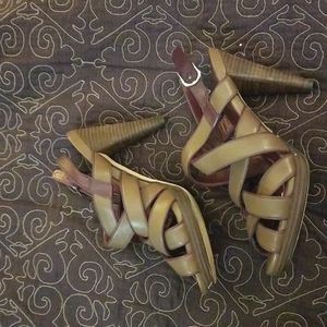 Designer Cole Haan Sexy Strappy Tan and Purple sandals